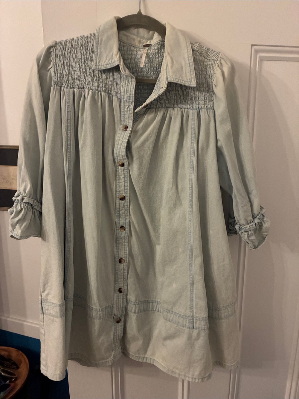 Free People Pale Denim Smocked Yoke Tunic